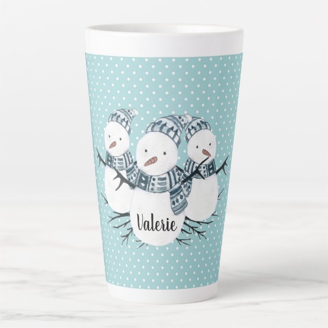 Whimsical Snowmen Trio Winter Polka Dots Milchtasse (Vorderseite)