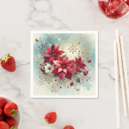 Whimsical Snowy Poinsettia Christmas Découpage Serviette