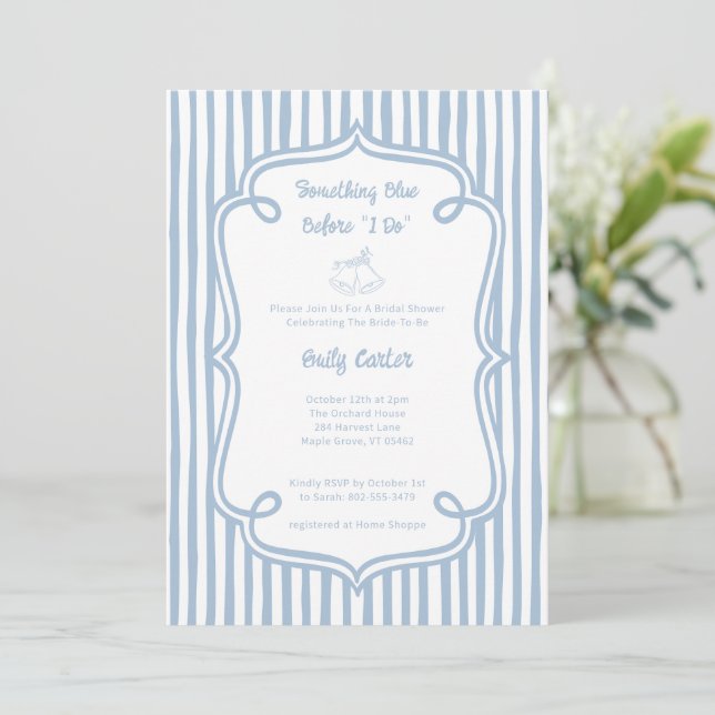 Whimsical Something Blue Bridal Shower Stripes Einladung (Stehend Vorderseite)