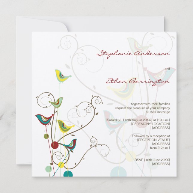 Whimsical Sommer Vögel und Wirbel Hochzeit Einladu Einladung (Vorderseite)