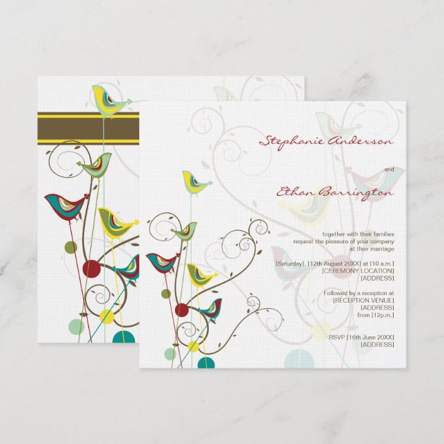 Whimsical Sommer Vögel und Wirbel Hochzeit Einladu Einladung (Vorne/Hinten)