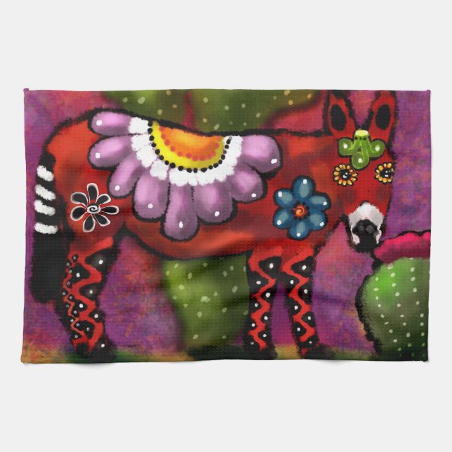 Whimsical Southwest Floral Talavera Style Donkey Geschirrtuch (Horizontal)