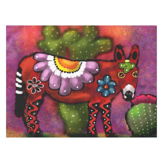 Whimsical Southwest Floral Talavera Style Donkey Tischdecke (Vorderseite (Horizontal))