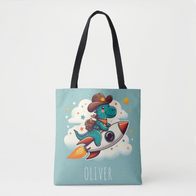 Whimsical Space Cowboy Dinosaur Riding Rocket Tasche (Vorderseite)