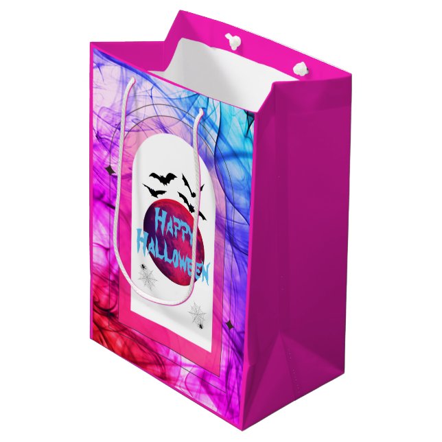 Whimsical Spooky Niedlich Pink Lila Happy Hallowee Mittlere Geschenktüte (Vorderseite Schrägansicht)