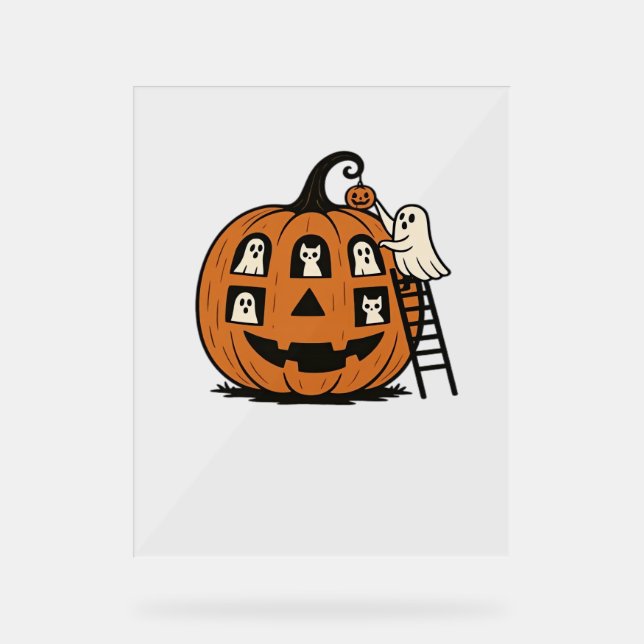 Whimsical Spooky Pumpkin mit Geistern, Katzen und  Acrylschild (Vorderseite)