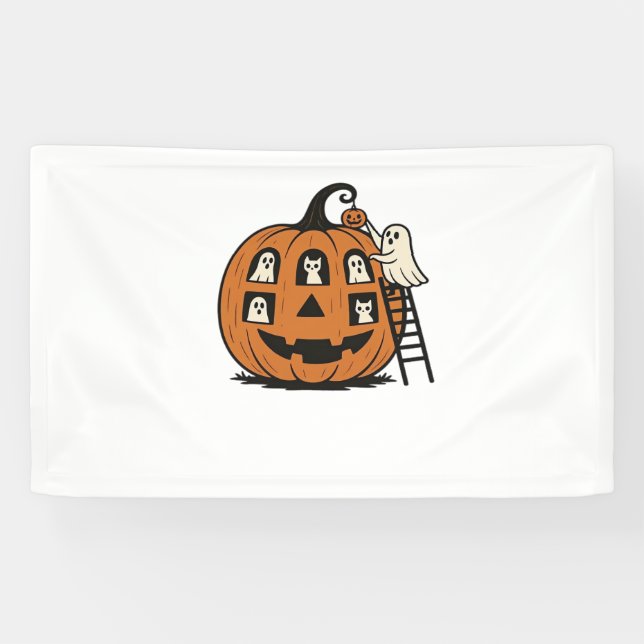 Whimsical Spooky Pumpkin mit Geistern, Katzen und  Banner (Horizontal)