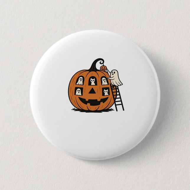 Whimsical Spooky Pumpkin mit Geistern, Katzen und  Button (Vorderseite)
