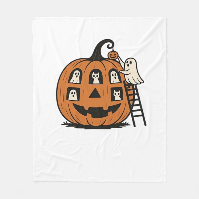 Whimsical Spooky Pumpkin mit Geistern, Katzen und  Fleecedecke (Vorderseite)