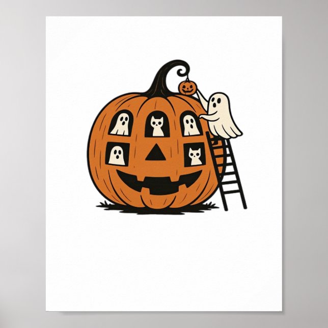 Whimsical Spooky Pumpkin mit Geistern, Katzen und  Poster (Vorne)