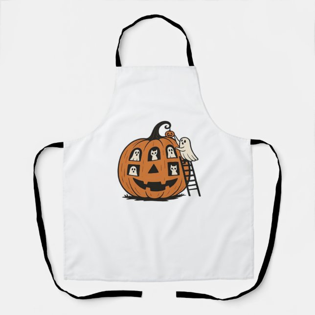 Whimsical Spooky Pumpkin mit Geistern, Katzen und  Schürze (Vorderseite)