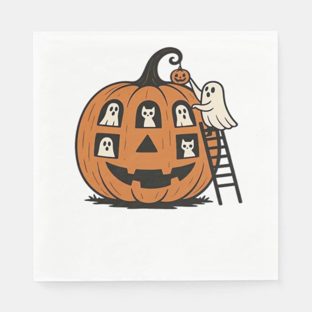 Whimsical Spooky Pumpkin mit Geistern, Katzen und  Serviette (Vorderseite)