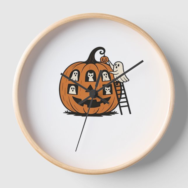 Whimsical Spooky Pumpkin mit Geistern, Katzen und  Uhr (Vorderseite)