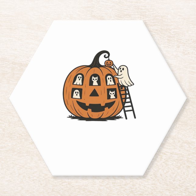 Whimsical Spooky Pumpkin mit Geistern, Katzen und  Untersetzer (Vorderseite)