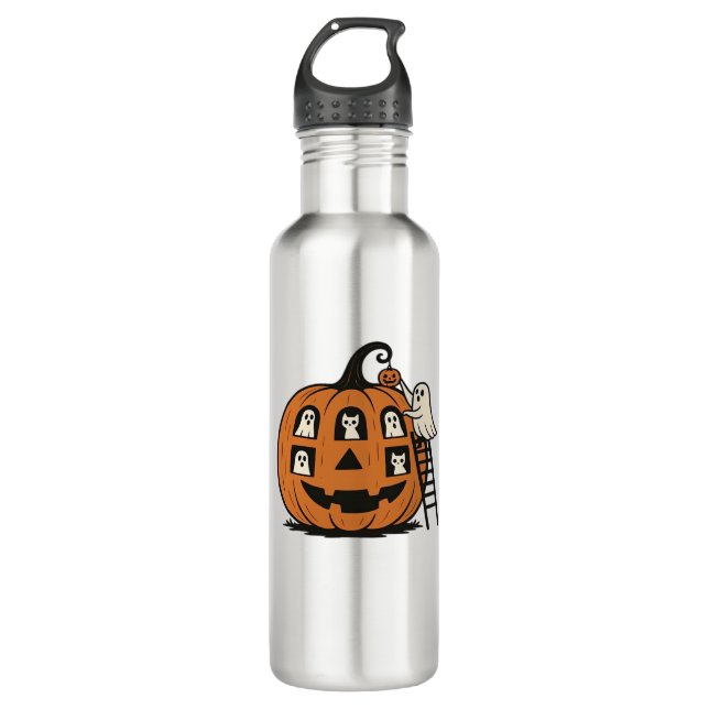 Whimsical Spooky Pumpkin with Ghosts, Cats & Hallo Edelstahlflasche (Vorderseite)