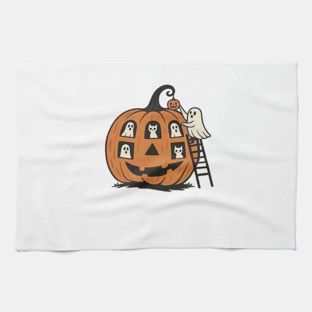 Whimsical Spooky Pumpkin with Ghosts, Cats & Hallo Geschirrtuch (Horizontal)