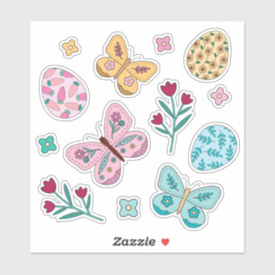 Whimsical Spring Floral, Butterfly und Ostereier Aufkleber