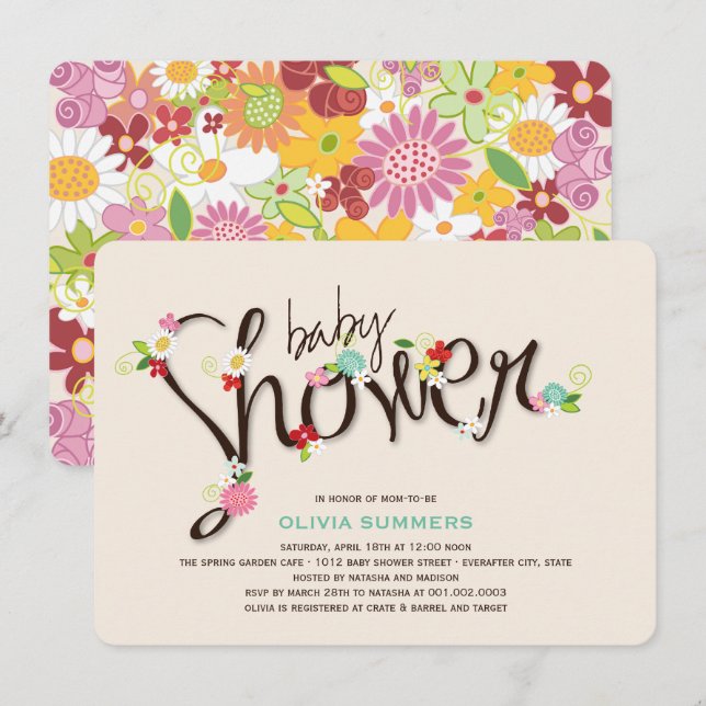 Whimsical Spring Flowers Chic Girl Baby Dusche Einladung (Vorne/Hinten)