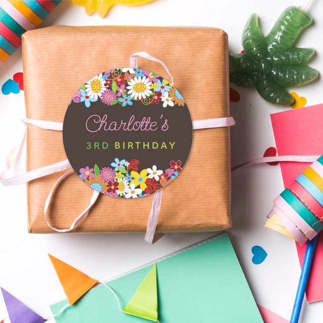 Whimsical Spring Flowers Garden Girl's Birthday Runder Aufkleber (Whimsical Colorful Spring Flowers Garden Girl's Birthday Party Favor / Envelope Seal Sticker)