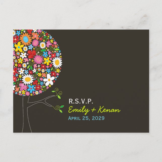 Whimsical Spring Flowers Pop Tree Wedding RSVP Einladungspostkarte (Vorderseite)