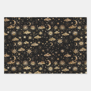 Whimsical Star Moon Planets Gold auf schwarz Geschenkpapier Set