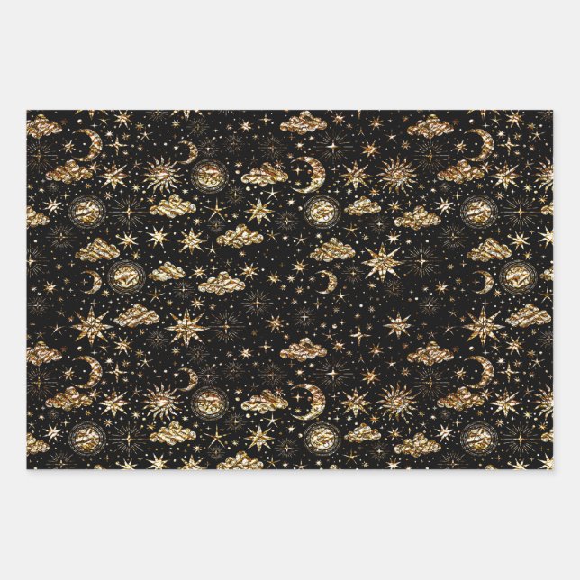 Whimsical Star Moon Planets Gold auf schwarz Geschenkpapier Set (Vorderseite)
