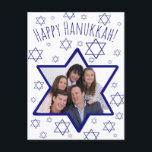 Whimsical Star of David Foto Frame Happy Hanukkah Feiertagspostkarte<br><div class="desc">This fun postcard is a great way to wish your friends and family a Happy Hanukkah. Feys a whimsical design with a Star of David foto frame where you can upload your picture onto a white background scattered with small stars of David resembling snowflakes. The machen is a hand written...</div>