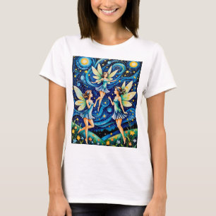 Whimsical Starry Night Fairy Art T - Shirt Fantasi