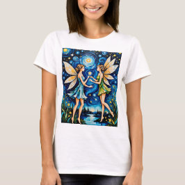 Whimsical Starry Night Fairy Art T - Shirt Fantasi