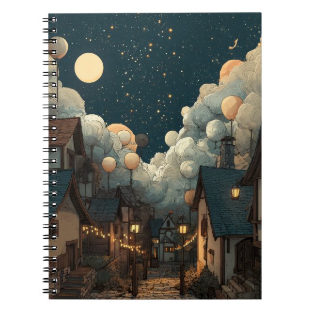Whimsical Starry Village Night Notebook Notizblock (Vorderseite)