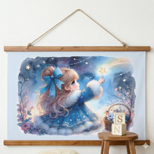Whimsical Sternengucker-Mädchen Aquarell Wandteppich Mit Holzrahmen