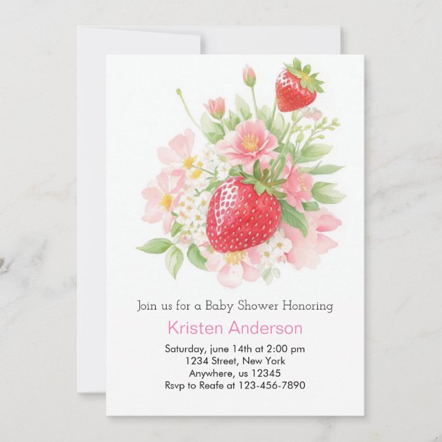 Whimsical Strawberry Girl Baby Dusche Einladung (Vorderseite)