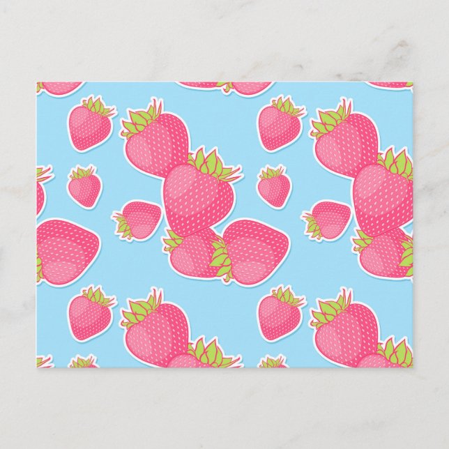 Whimsical Strawberry Pattern auf blau Postkarte (Vorderseite)
