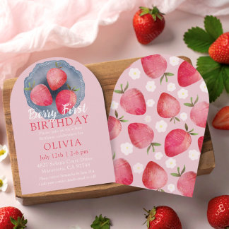 Whimsical Strawberry Red & Pink 1st Birthday  Invi Einladung