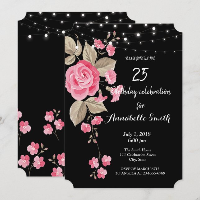 Whimsical String Lights Black Birthday Einladung (Vorne/Hinten)