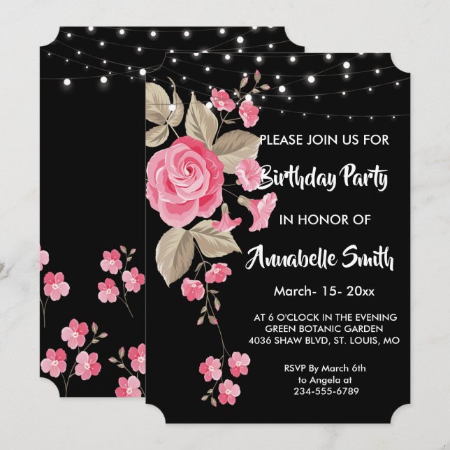 Whimsical String Lights Black Birthday Party Einladung (Vorne/Hinten)