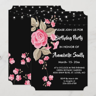 Whimsical String Lights Black Birthday Party Einladung