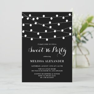 Whimsical String Lights Black Sweet 16 Party Einladung