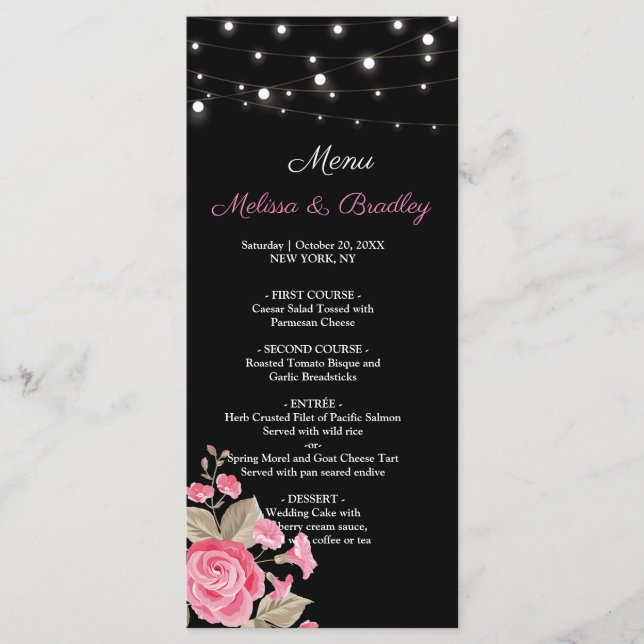 Whimsical String Lights Black Wedding Menu Programm (Vorderseite)