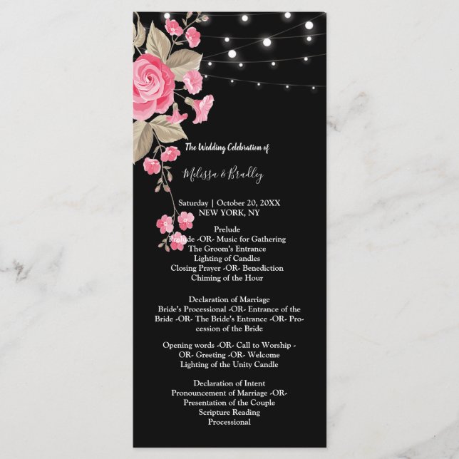 Whimsical String Lights Black Zeremonie Programs Programm (Vorderseite)