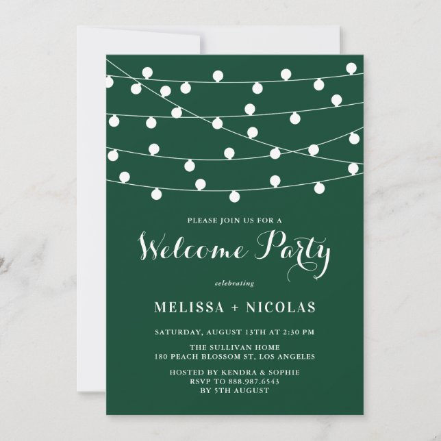 Whimsical String Lights Emerald Welcome Party Einladung (Vorderseite)