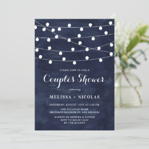 Whimsical String Lights Navy Blue Couples Dusche Einladung
