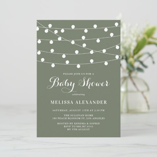 Whimsical String Lights Taupe Green Baby Dusche Einladung (Stehend Vorderseite)
