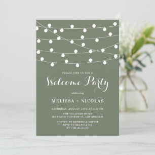 Whimsical String Lights Taupe Green Welcome Party Einladung