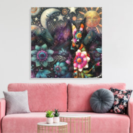 Whimsical Südwest Coyote Animal Floral Sun Moon Leinwanddruck