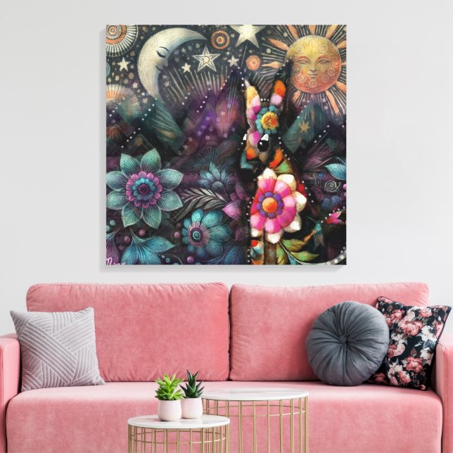 Whimsical Südwest Coyote Animal Floral Sun Moon Leinwanddruck (Insitu (Wohnzimmer))