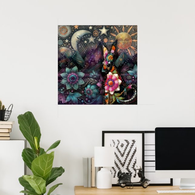 Whimsical Südwest Coyote Animal Floral Sun Moon Poster (Heimbüro)