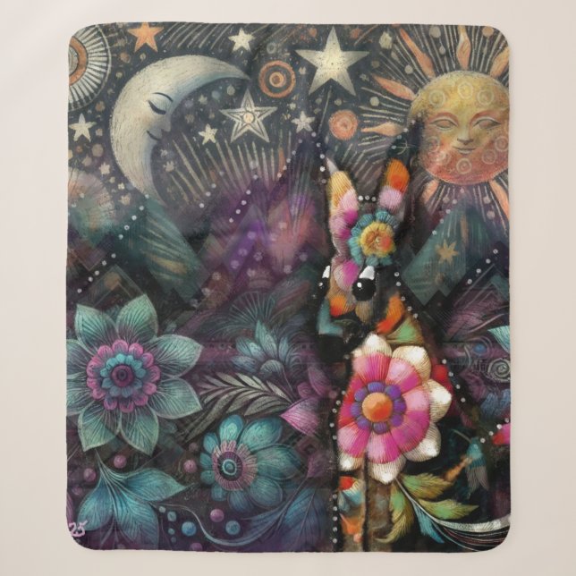Whimsical Südwest Coyote Animal Floral Sun Moon Sherpadecke (Vorderseite)