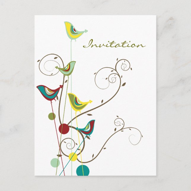 Whimsical Summer Birds Wirbel Moderne Naturweine Einladungspostkarte (Vorderseite)