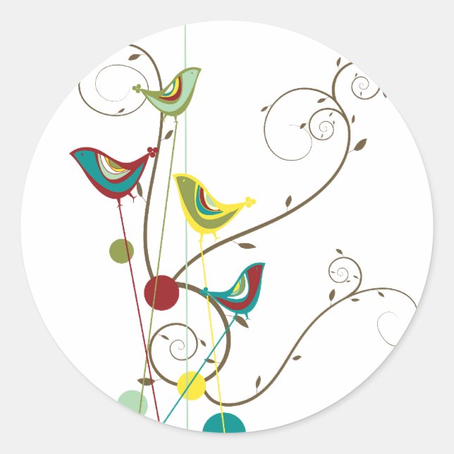 Whimsical Summer Birds Wirbel Moderne Naturweine Runder Aufkleber (Vorderseite)